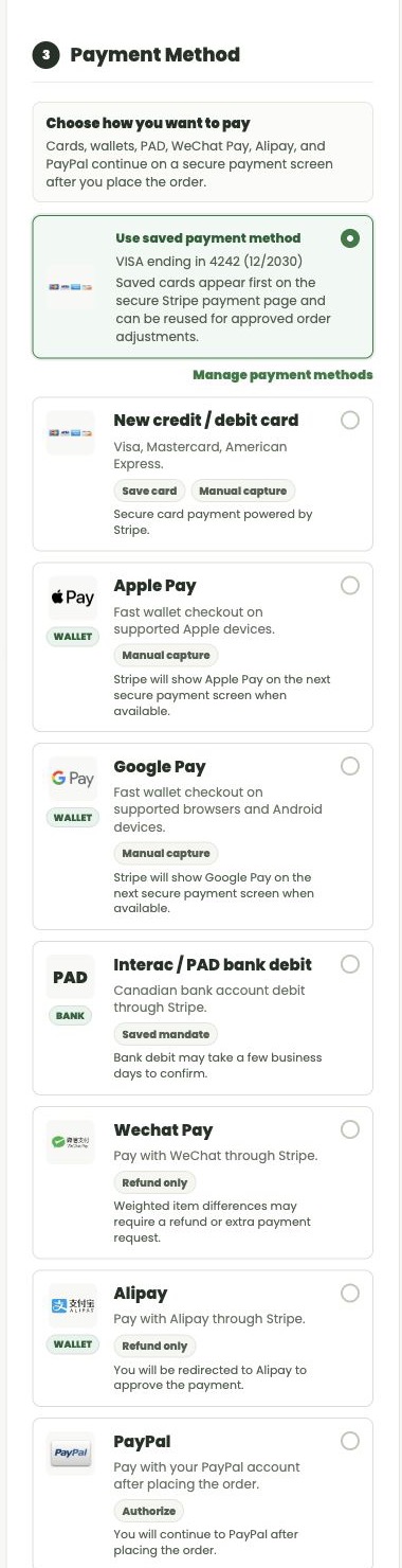 Superwafer checkout payment method options